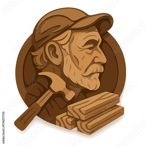 Vintage craftsman emblem with tools and timber in relief style