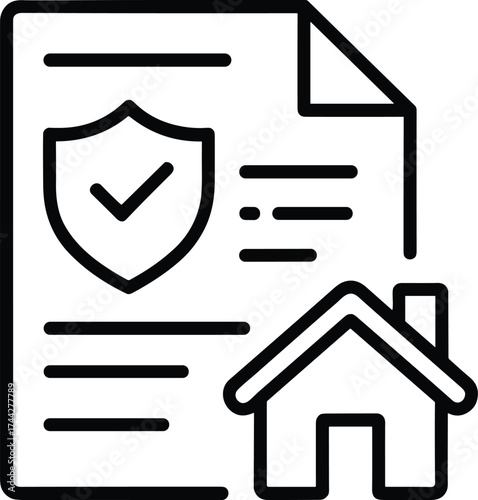 Document with shield checkmark and house icon outline paper protection