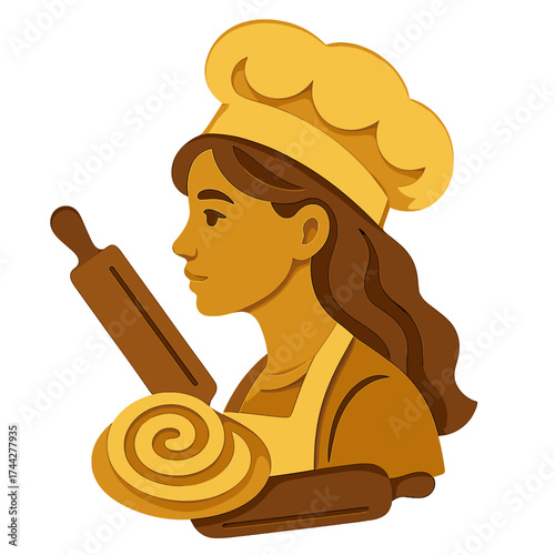Paper art style bakery chef with rolling pin and pastry elements