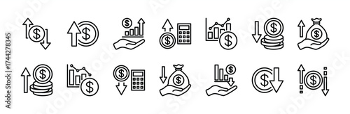 Profit and loss money thin line icon set. Financial growth and reduce statistical data graph, money, currency, sale, earnings, economy, exchange, trade. Increase and decrease arrow - illustration