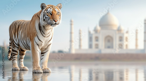 Tiger stands against the backdrop of a temple in India, a symbol of strength and exotic beauty.