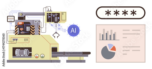 Automated factory machine controlled by AI integrating data security, charts, and graphs analytics. Ideal for innovation, technology, industry, security, automation, production business insights