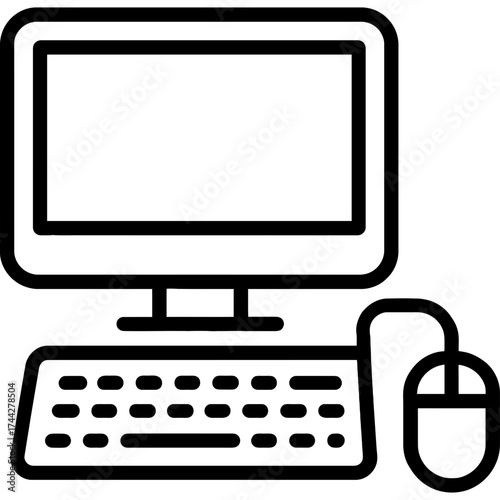 Computer desktop with monitor, keyboard, and mouse outline icon vector