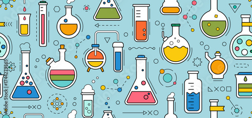 Seamless pattern - school chemistry background, geometric science laboratory background. Medical, chemical or biology lab, school education concept with tubes and flasks, vector illustration