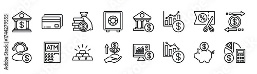 Banking icon set. Bank, money, savings, safe, credit card, investment, deposit, atm machine, currency, data analysis, chart, interest deduction, transfer, customer service, calculate finance, profit
