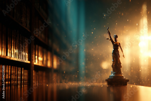 Lady Justice statue with scales bathed in warm golden library light, surrounded by law books and floating dust — symbol of justice, balance and legal wisdom