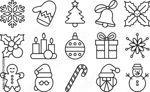 Christmas icons. Set of abstract christmas icons. Christmas decorations in flat linear design. Vector illustration
