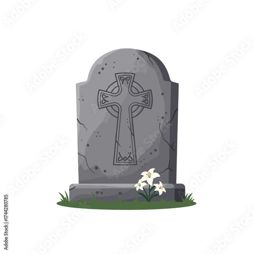 Solemn Gray Tombstone Featuring an Intricately Carved Celtic Cross and Fresh White Lily Flowers