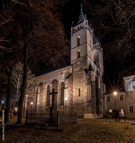 Basilica Minor of Saint Benedict at night. Monastery in Hronsky Benadik. Slovakia.