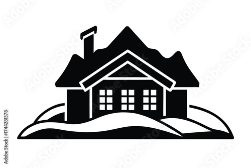 snow covered house simple line art silhouette vector icon