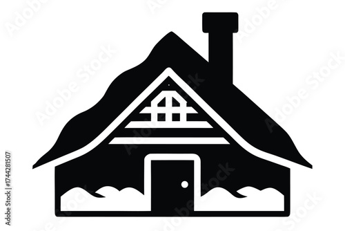 snow covered hut with chimney simple line art silhouette vector icon