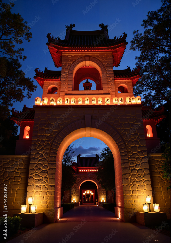 Fototapeta premium Illuminated archway of traditional Chinese architecture at night for Lunar New Year 