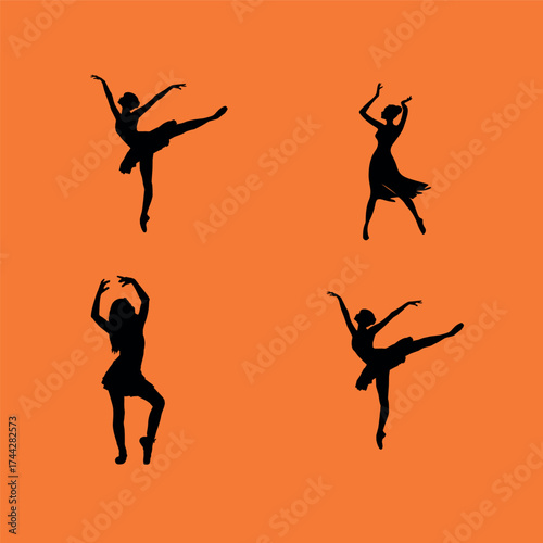 women Ballet Dancer Silhouettes on Orange Background