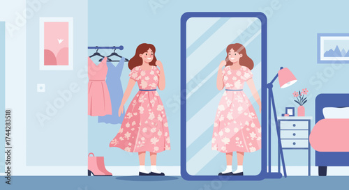 Woman in floral dress checking reflection in bedroom mirror
