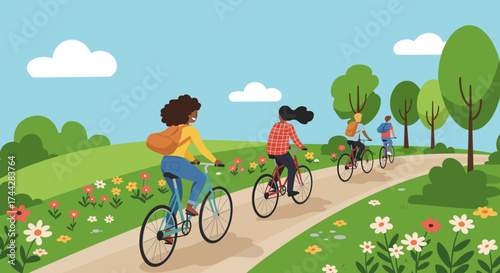 Colorful scenery of people cycling through a lush green park
