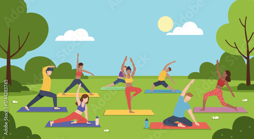 Outdoor yoga class in park with diverse group practicing poses under sunny sky