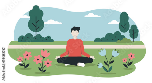 Peaceful meditation in nature with calm atmosphere and floral scenery