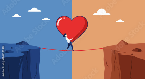 Balancing love: man carrying heart across tightrope over canyon