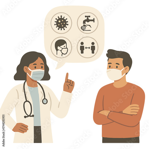 Healthcare guidance in pandemic: doctor advises on safety measures with masks and social distancing