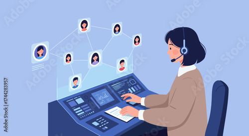 Customer support agent at control panel with networked profiles in flat design