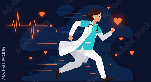 Energetic healthcare professional running with heartbeat background in flat design