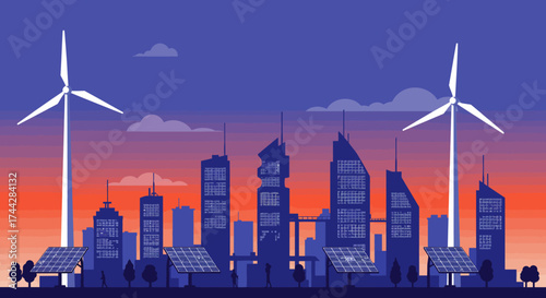Sustainable energy cityscape with wind turbines and solar panels at sunset
