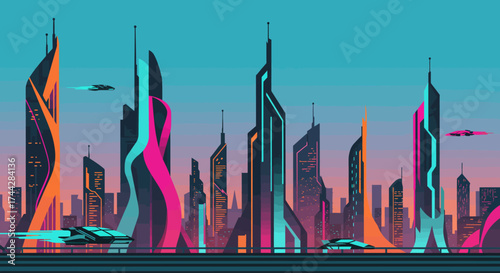 Futuristic cyberpunk cityscape with neon skyscrapers and flying cars