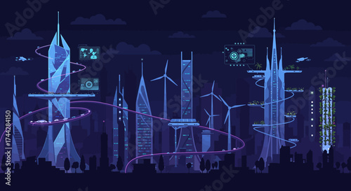 Futuristic cityscape at night with smart technology and modern architecture