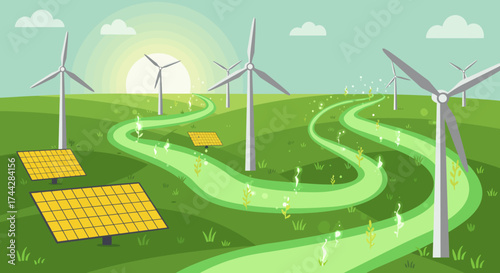 Renewable energy landscape with solar panels and wind turbines under a clear sky
