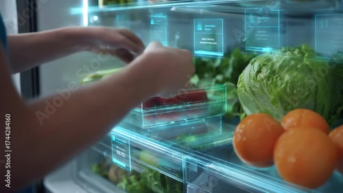 A transparent smart refrigerator projects holographic menus and food data, combining AI, convenience, and futuristic design.
