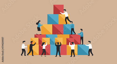 Teamwork building blocks: diverse people collaborating in flat design