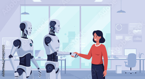 Human and robots collaborating in a modern office setting