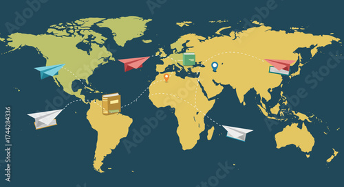 Global education journey concept with paper airplanes and books on world map