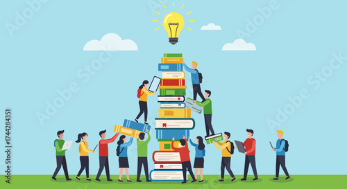 Creative teamwork and knowledge sharing concept with light bulb and book pyramid