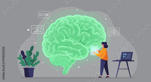 Futuristic brain hologram interaction with ai technology displayed by a woman in modern workspace