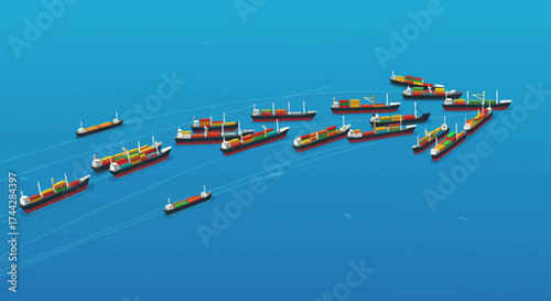 Cargo ships navigating across ocean waters in isometric style