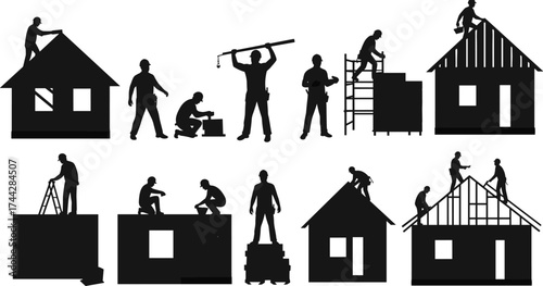 Construction workers building house silhouette vector illustration, teamwork laborers working on home roofing, framing, and structure design concept art