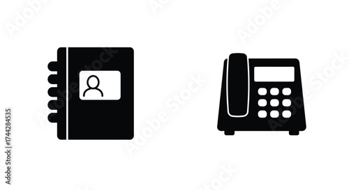 Black silhouette icons of a phone and an address book are shown