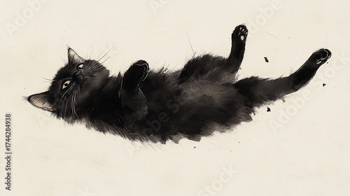 sumi e japanese art. a black long haired scottish fold cat lying down with its legs up in the air. minimalist art on off white paper background 