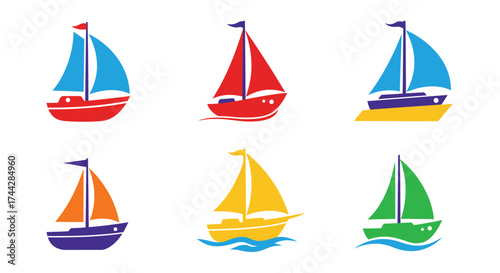 Colorful sailboat icons representing nautical themes and seaside adventures