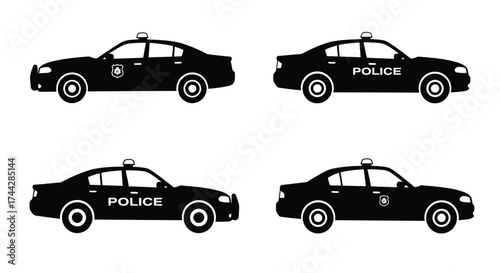 Four black silhouettes of police cars displayed in a grid pattern