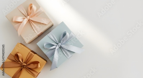 Three elegantly wrapped gift boxes with satin ribbons create a sense of anticipation and celebratory cheer.