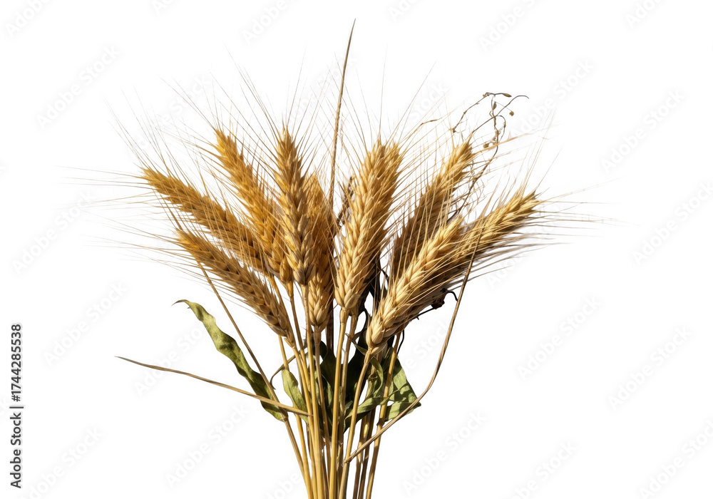 Fototapeta premium Golden wheat stalks bundle macro photograph capturing ripe grains harvested agriculture food staple isolated on transparent background