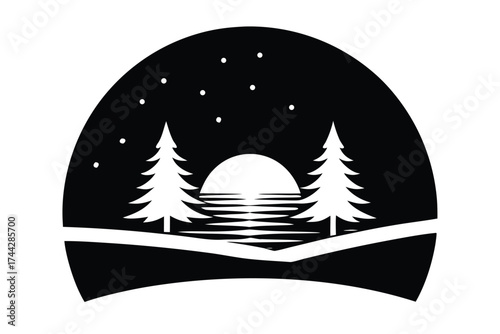 winter sunset simple line art silhouette vector icon