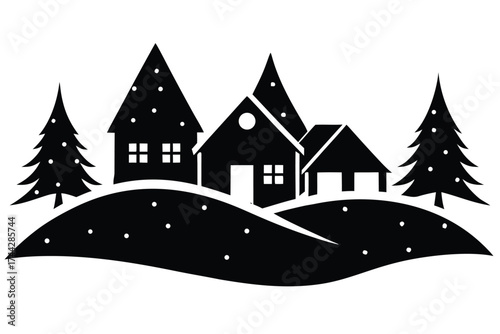 winter village simple line art silhouette vector icon
