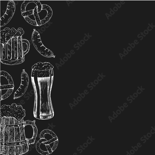 Vector grilled sausage on fork frame, logo, menu, black template. Bavarian pretzel, Brezel with salt. Graphic German bottle of beer, bratwurst illustration isolated on background. Hand drawn line