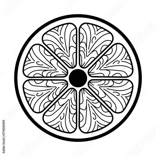 Mandala style orange fruit slice line art icon showing detailed cross section design of citrus fruit for healthy food and decorative art concepts