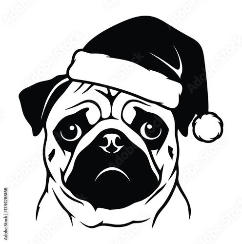 Festive pug wearing a santa hat with a sad expression in a black and white vector illustration on white background