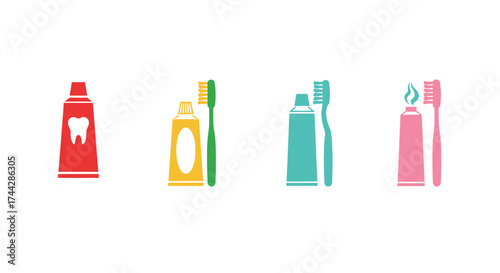 Colorful dental hygiene products including toothpastes and toothbrushes displayed