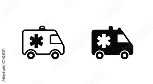 Simple black and white ambulance icons depicting emergency medical transport